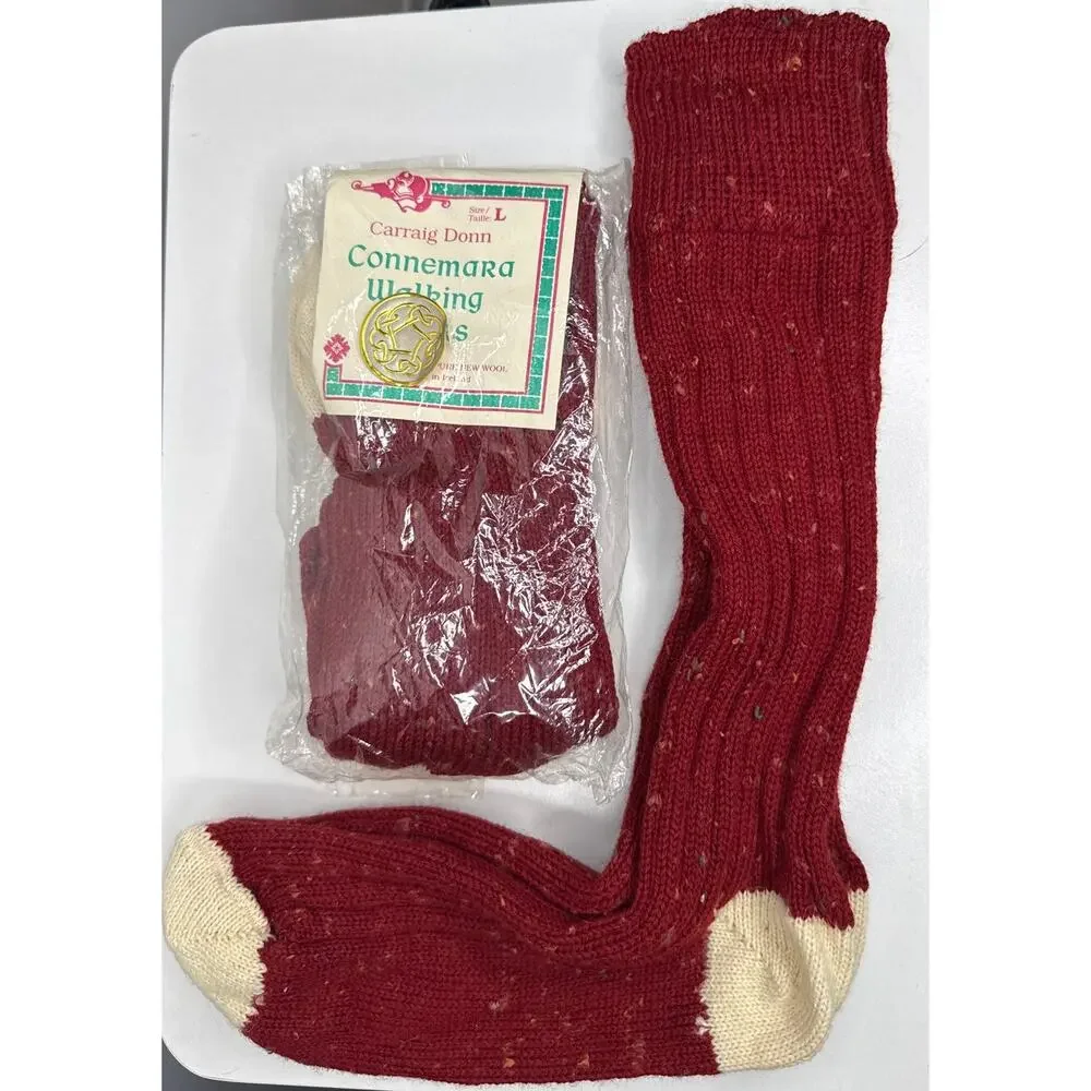 1980s Vintage Carraig Donn Irish Wool Knee-High Socks Red NEW 2 pairs NWT Size L